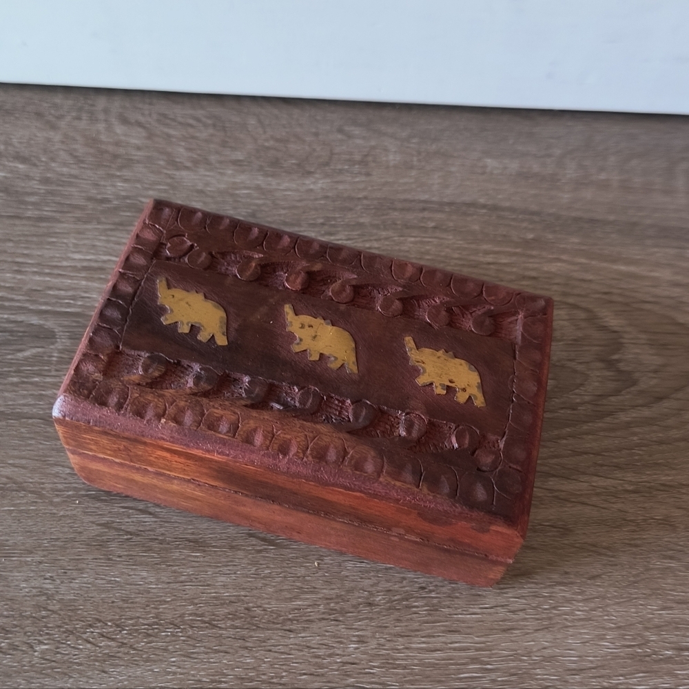 ANTIQUE Brass and Wood Box Elephants Trinket Jewelry 5"